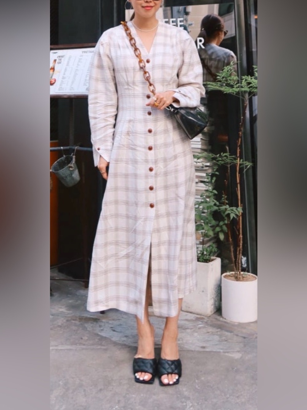 Frontrow x Maison Marais linen dress small plaid cream brown‎ boho button-down